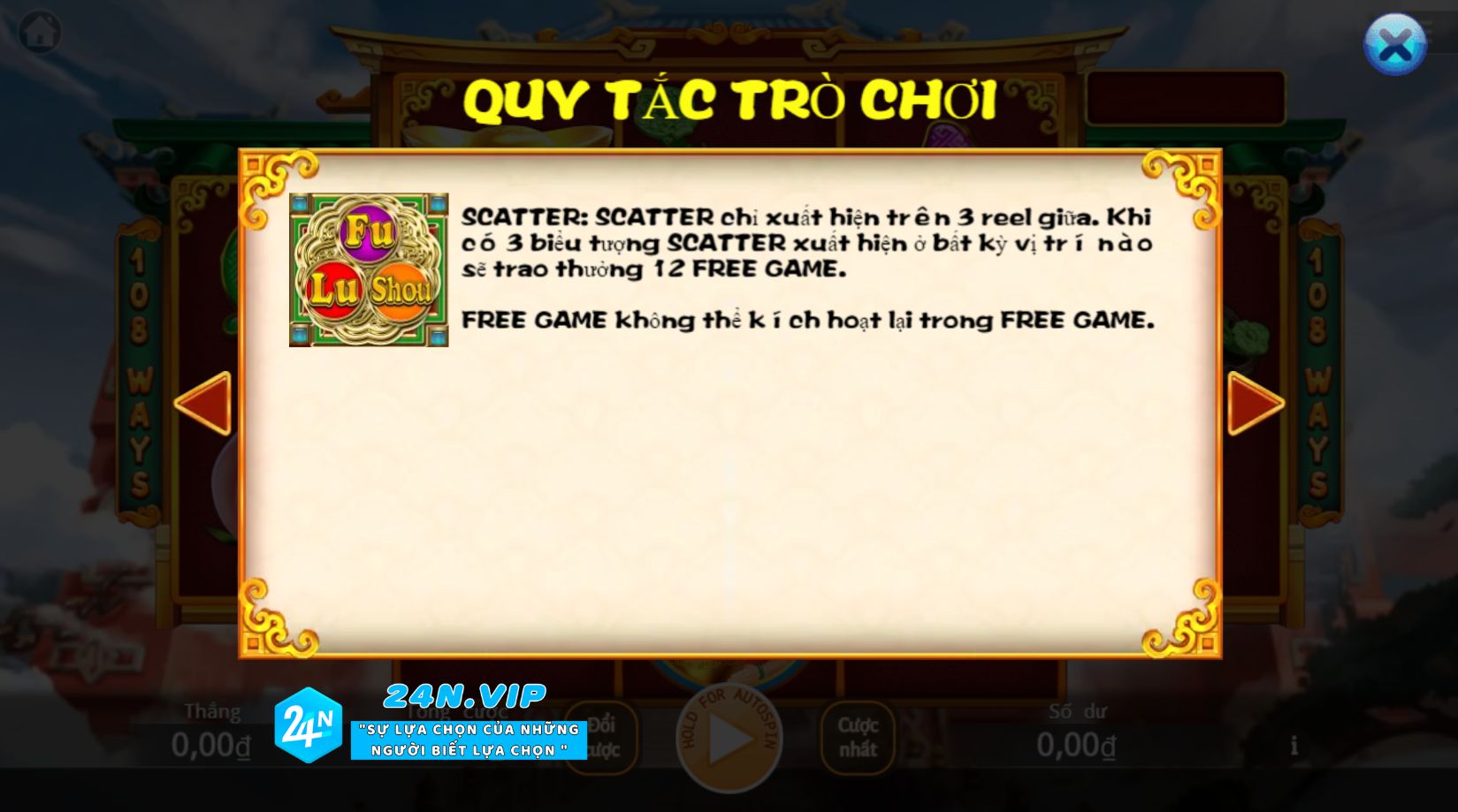 Biểu Tượng Scatter và Free Game trong Slot Fu Lu Shou tại Nhà Cái 24N